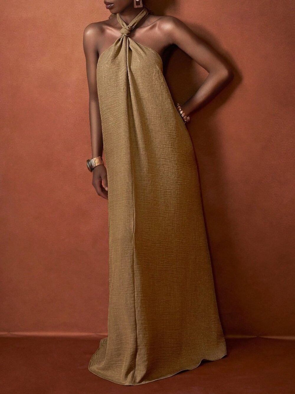 Brown Casual Women's Halter Knot Neck Open Back Maxi Dress With Pockets - Picture 6 of 7